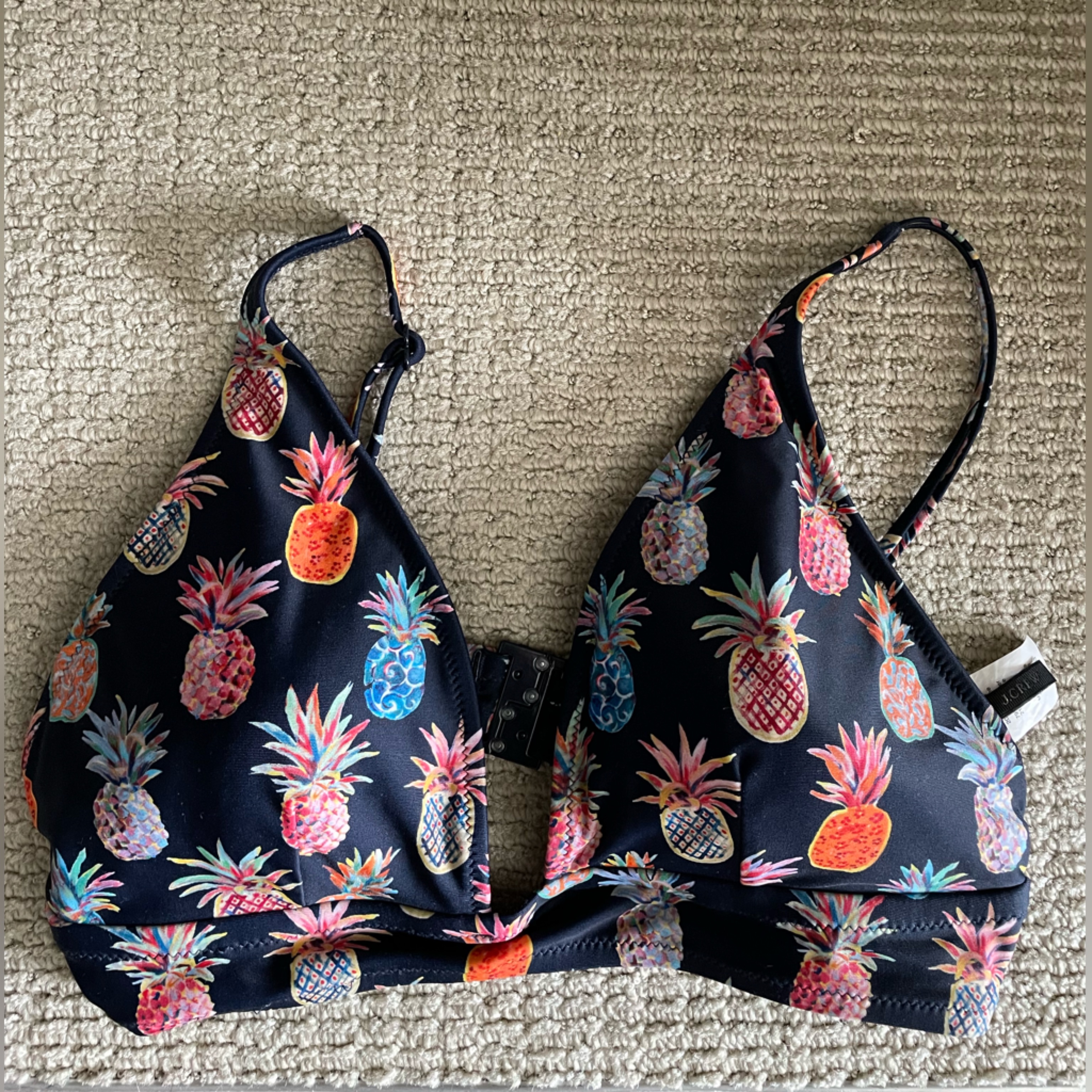 J Crew Rattinavy + Pineapple Colorful Print French Cut Bikini Top, Sz M